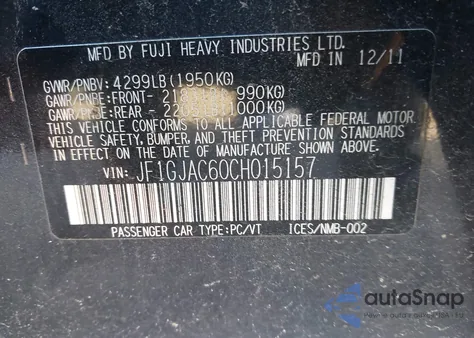 2012 Subaru Impreza 2.0I Premium z USA, uszkodzony, nr VIN JF1GJAC60CH015157